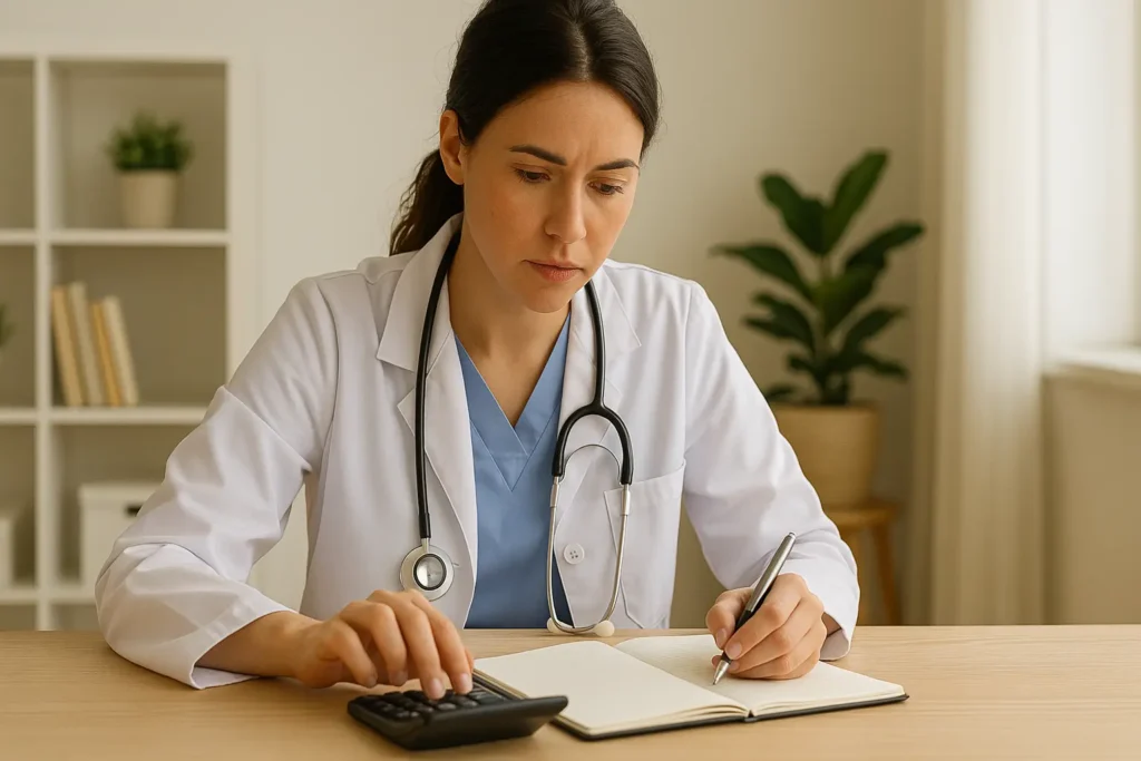 A imagem mostra uma profissional da área da saúde, provavelmente uma médica veterinária, usando jaleco branco e estetoscópio. Ela está sentada à mesa, concentrada, fazendo anotações em um caderno enquanto utiliza uma calculadora, sugerindo que está lidando com tarefas financeiras ou administrativas. O ambiente é bem iluminado, com decoração minimalista e uma planta ao fundo.