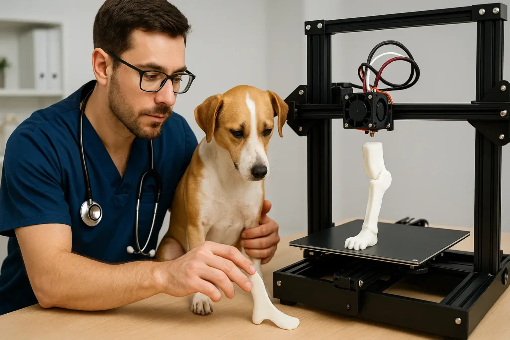 A imagem mostra um veterinário utilizando uma impressora 3D para confeccionar uma prótese para um cachorro. O veterinário é um homem jovem, de pele clara, cabelos castanhos curtos e usa óculos. Ele veste um jaleco azul marinho e tem um estetoscópio pendurado no pescoço.