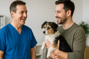 Veterinário de jaleco azul sorri enquanto conversa amigavelmente com um tutor de pet, que segura um cachorro de pequeno porte nos braços. A cena acontece em um ambiente claro e profissional, transmitindo confiança e cuidado no atendimento.